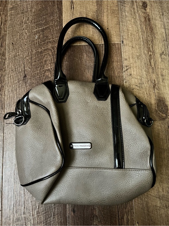 Steve Madden Handbags - Steve Madden Taupe Satchel with Black Patent Trim